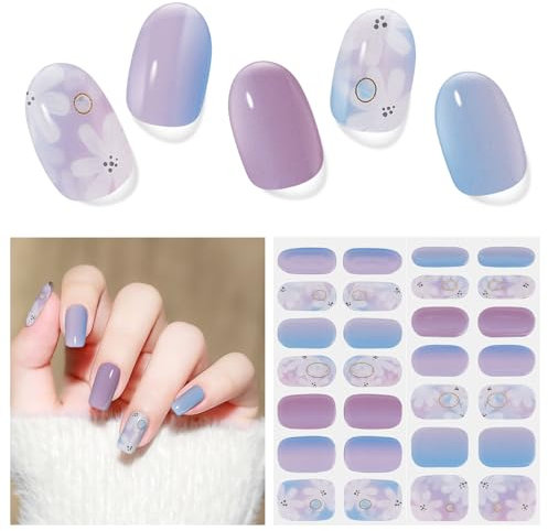 DUKASOU Gel Nail Stickers,28 Pcs Flowers Semi Cured Gel Nail Strips(Camellia Sea) UV Light/LED Lamp Required,Long Lasting Gel Wraps Self Adhesive,Easy to Apply Remove