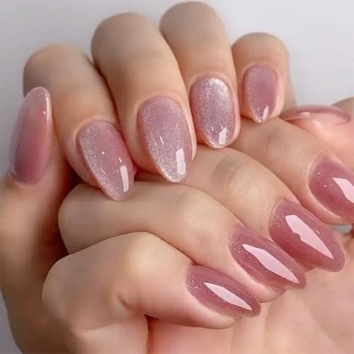KQueenest Cat Eye Press on Nails Almond Medium, Glazed Glitter Pastel Pink False Nails Medium Stiletto, Shiny Bling Acrylic Fake Nails Set Sparkly Stick on Nail for Women Wedding Finger Wear 30 Pcs