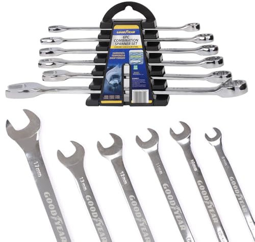 Goodyear 6pc Spanner Set-Durable Chrome Vanadium Steel| Precision Fit for Professional| Metric Sizes8-17mm| Ideal for Car Repairs & Maintenance| Anti-Slip Grip| Long-Lasting Performance|Versatile Tool