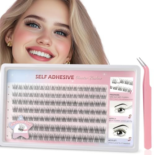 Parriparri Pre Glued Cluster Lashes 119Pcs No Glue Needed Eyelashes 10-14mm Self Adhesive Lashes Reusable Natural Press-On Individual Eyelashes with Tweezers Easy to Wear&Remove