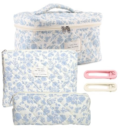 Lot de 3 Trousse de Toilette Femme Voyage, Grande Trousse de Maquillage en Coton Doux, Floral Pochette Maquillage, Portable Organiseur Cosmétique Matelassée avec 2 Épingles à Cheveux pour Fille Femme