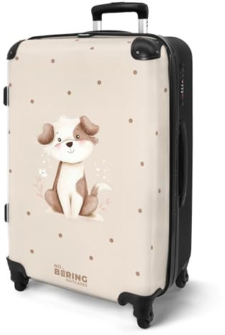 NoBoringSuitcases.com® Koffer Kinder Groß 67x43x25 cm Reisekoffer Kinderkoffer 4 Rollen Leicht Kindertrolley Mittelgroß Reise Hartschalenkoffer Hund - Braun - Weiß - Tupfen
