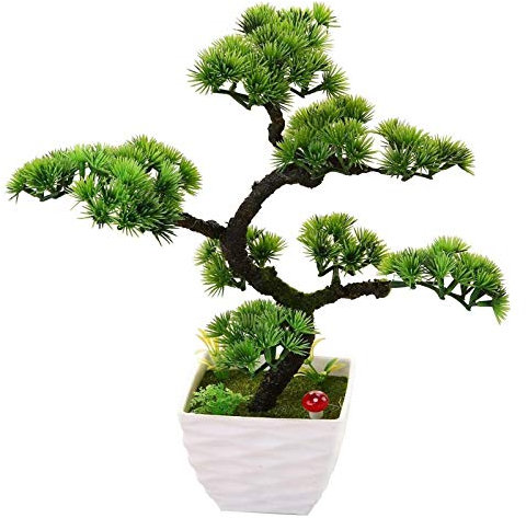 Artificial Bonsai Tree Artificial Bonsai Tree in White Plastic Flower Pot Simulation Welcome Pine Small Potted Green Plant Bonsai Fake Pine for Office Home Decoration Small Ornamen