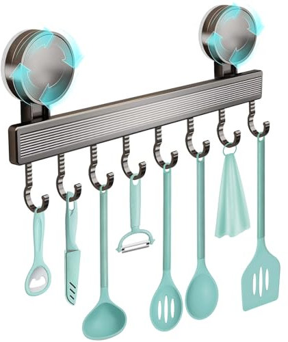 Utensils Rack with Suction Cup & 8 Removable Hooks, No Drilling Wall Mounted Holder, 20Kg Load Capacity Hanging Racks, Heavy Duty Storage Rail Tool for Bathroom, Kitchen Hook for Spoon Spatula Whisk