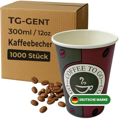 TG-GENT Kaffeebecher 300ml - 1000 Stück | Auslaufsichere Kaffeebecher to go Einweg - Ideal für Heißgetränke wie Kaffee, Cappuccino oder Tee | Stabile Pappbecher bzw. Papierbecher als Einwegbecher