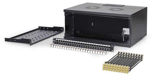 DIGITUS 19 inch Network Kit - 4U Network Cabinet - 1U Shelf - 24-Port Patch Panel - 24 Keystone Modules - 30 Patch Cables - Unmounted - SOHO PRO Series - Black | Network cabinet - 1U shelf - 24-port patch panel - 24 keystone modules - 30 patch cables