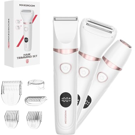 MAXGROOM 3 in 1 Lady Shaver for Women, Wet & Dry Electric Razor, IPX6 Waterproof Bikini Trimmer for Pubic Hair, LED Display, Hypoallergenic for Sensitive Skin, Facial Legs Underarms Body Groomer