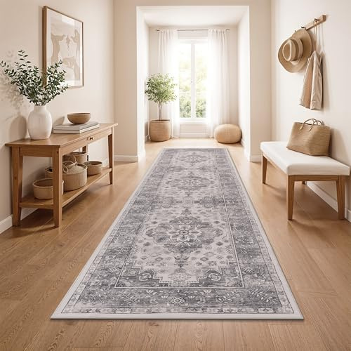 Paco Home Vintage Teppich Läufer Flur Waschbar & rutschfest, pflegeleicht, modernes Retro Design im Boho Stil, Grau 2, 80x300 cm