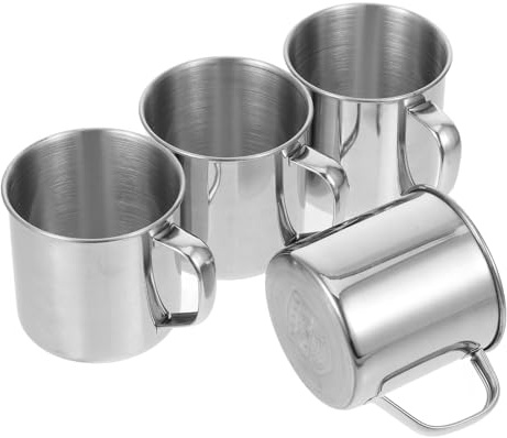 ifundom Lot de 4 Gobelets à Café et Eau en Acier Inoxydable 304 Argenté Anses 7 CM, Tasses Légères et Portables pour Camping, Randonnée et Usage Quotidien