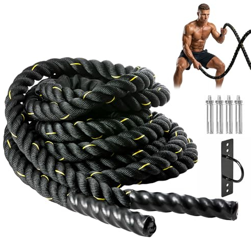 EVERGOODS Battle Rope 9M x 38MM – Heavy Duty Polyester Workout Rope for Home Gym, Full Body Exercise, Muscle Building & Strength Training (Black + Yellow)