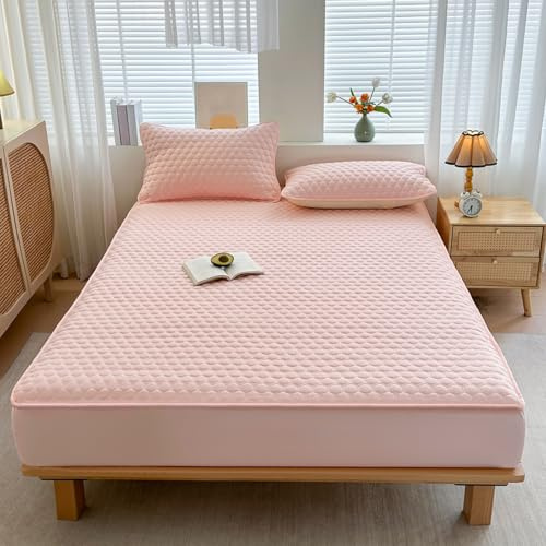 JIANINGHOME wasserdichte Spannbettlaken 90x200 Rosa Gesteppte spannbettlaken Bis 30 cm Matratzenhöhe bequemes Mikrofasergewebe pflegeleicht