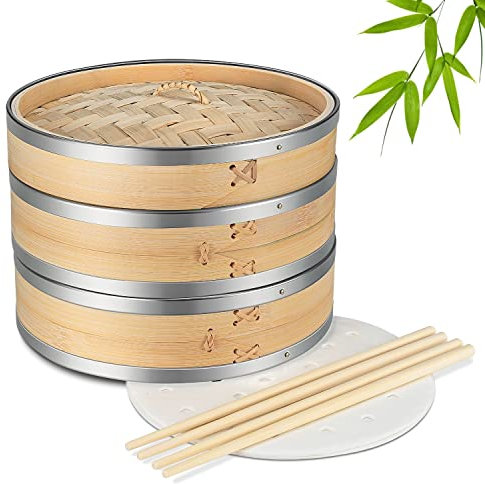 Flexzion Panier Cuiseur à cuit-Vapeur en Bambou (8 Pouces)-avec Cadre en Acier Inoxydable, 50x doublures de Vapeur, 2 Paires de Baguettes, cuiseur à Vapeur Chinois