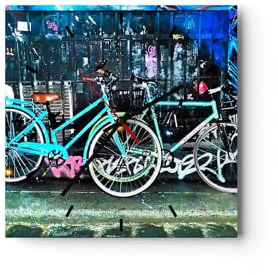 Modern Wanduhr Fahrräder Graffiti Straße Wand 30x30cm Quadrat Klein Wand Uhr Glas Analog Zimmeruhren Küche Büro Wohnzimmer Glasuhr Wall Clock Dekoration Design Wanddekoration Küchenuhr C3AC30x30-2949