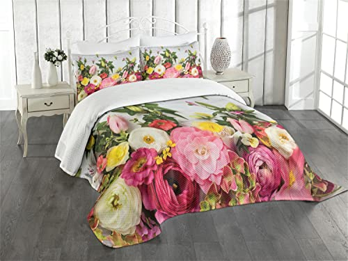 ABAKUHAUS Rustikal Tagesdecke Set, Rustikales Haus Rose Blumen, Set mit Kissenbezug Klare Farben, für Einzelbetten 170 x 220 cm, Grün Rosa