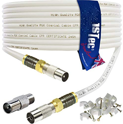 1STec 5m Shielded Digital TV Male to M/Female Gold Plated F-Connector Cable for FreeView HD Freesat BT YouView Satellite Dish or Rooftop Aerial to Wall Box Plug or Socket Lead (5 Metre, White)