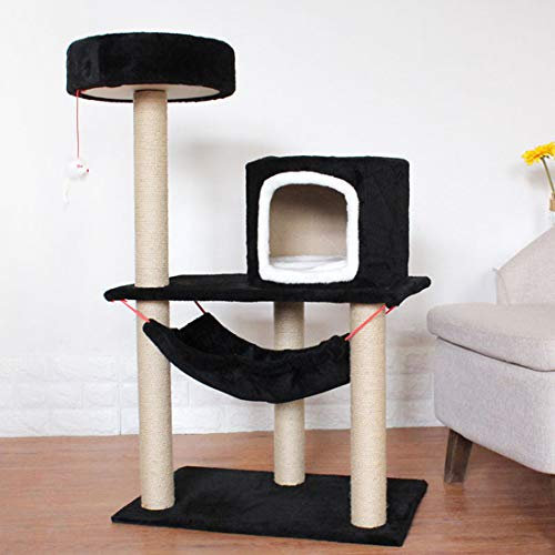 RONGJJ Mehrstöckiger Kratzbaum mit Sisal überzogenen Stämme, Katzenbaum mit Hängematte Häuschen Katzenmöbel Stabiler 60 * 40 * 100 cm, Black