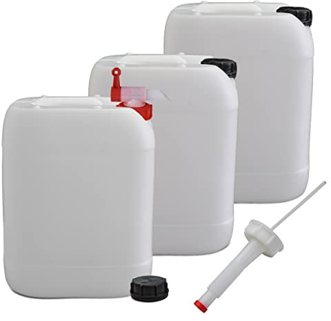 plasteo® Set da 3 pezzi: 20 litri, tanica per acqua naturale con rubinetto, coperchio a vite e beccuccio flessibile (DIN 61), per alimenti, portatile, per interni ed esterni, senza BPA