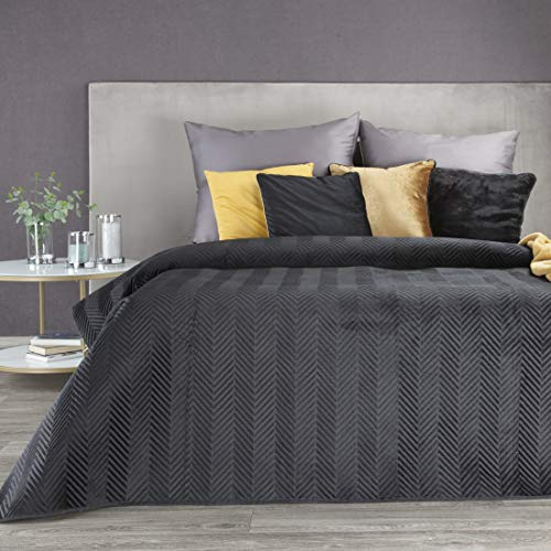 Eurofirany Tagesdecke Sesseldecke Sofadecke Velvet Samt Steppdecke für Wohnzimmer und Schlafzimmer (Sofia Schwarz, 230 x 260 cm)