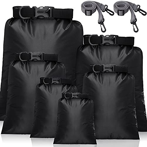 wasserdichte Trockentaschen Trockenbeutel Set 15 L+ 8 L +5 L+4 L+3 L+ 2 L wasserdichte Packsäcke Leichte Säcke und 2 Lange Verstellbare Schultergurte (Schwarz, 6 Stücke)