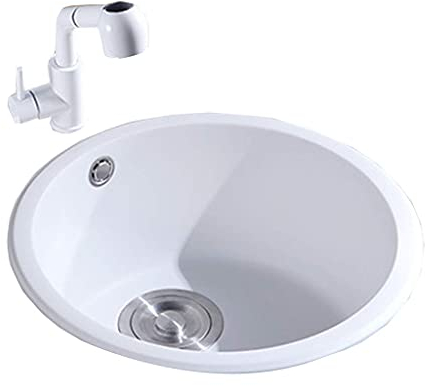 XBSXP Fregadero de Cocina de Piedra de Cuarzo, Fregadero Redondo de una Sola Ranura, Fregadero de Cocina, Fregadero de Verduras para el hogar, Negro, Blanco, 420 * 420 mm