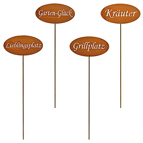 4er Set Garten-Schilder Blumen-Stecker GRILLPLATZ GARTEN-GLÜCK LIEBLINGSPLATZ KRÄUTER in Edel-Rost-Optik Garten-Deko Außen-Dekoration Modern Home wetterfest Vintage Look Shabby Chic Outdoor Leaving