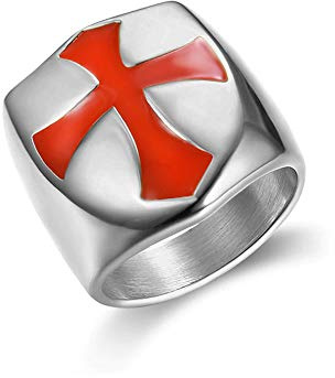 BlackAmazement 316L Edelstahl Ring Medieval Knight Ritter Templer Tempelritter Kreuzritter Kreuzfahrer Silber rot Herren Damen (Silber, 55 (17.5))
