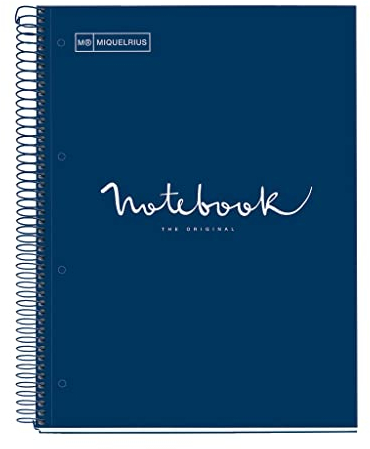 Miquelrius - Notizbuch A4 Punkte Notebook, 1 farbiger Streifen, 80 Blatt liniert mit Punkten (Dots), Papier 90 g/m² mikroperforiert mit 4 Bohrungen für 4 Ringe, Einband aus Karton, Farbe Marineblau