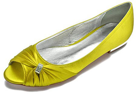 QZPM Wedding Shoes for Bride Low Heel Women Bridal Shoes Peep Toe Rhinestones Satin Ballet Pumps,Yellow,3 UK