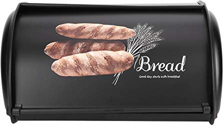 Bread Box, Large Capacity Matte Stainless Steel Bread Box Holder for Countertop Metal Bread Bin Container with Roll up Lid FingerprintProof Kitchen Storage Organizer Tool(Black)