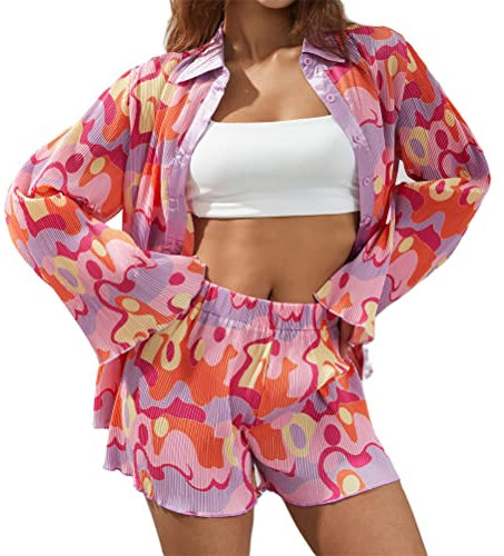 ORANDESIGNE Plissee Loungewear Set Damen 2 Teilig Button Down Bluse Shirts Langarm Kurze Hose Kordelzug Short mit Top Sommer B Rosa XS