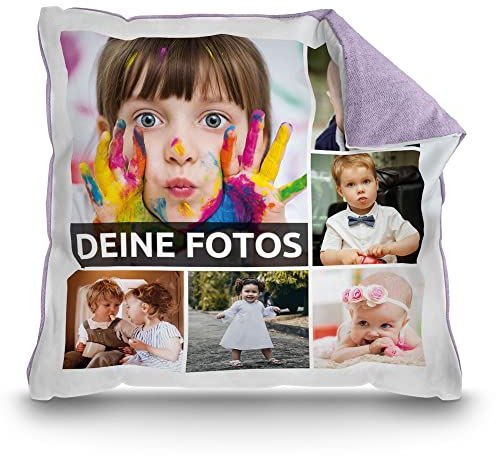 PR Print Royal Kissen mit Fotocollage selbst gestalten - mit 6 Fotos Personalisieren - Geschenk für Freunde und Familie | Rückseite Pastell-Flieder, inkl. Kissenfüllung, 40x40cm
