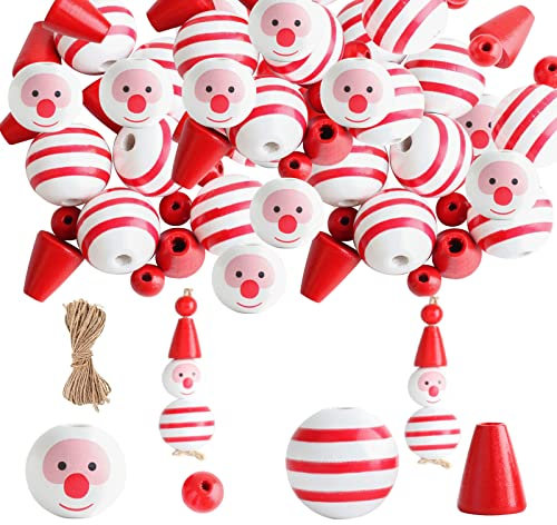 Plcnn 120 Stück Weihnachten Holzperlen, Schneemann Holzperlen zum Basteln Gestreifte Bauernhaus Handwerk Perlen für DIY Supplies Urlaub Dekor (Rot)