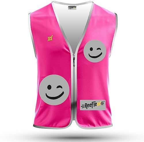 REEFLEXX Warnweste Kinder Sicherheitsweste, erhöhte Sichtbarkeit im Straßenverkehr, Schule, Fahrrad oder Auto, Solid Pink Smiley - Größe M