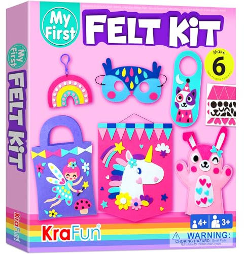 KRAFUN Einhorn-Filz-Bastelset für Kinder ab 3 Jahren, 6 DIY-Kunstprojekte mit Maske, Schlüsselanhänger, Tasche, Anleitung, Wiederverwendbare Box, Lernspielzeug