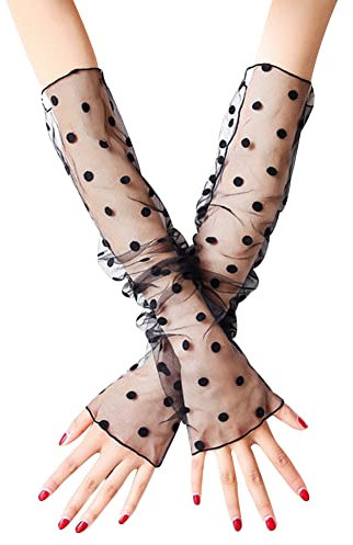 Uposao Handschuhe für Damen, Sommer Elegant Spitze Lang Handschuhe Armstulpen Sonnenschutz Fingerlose Handstulpen Hochzeit Brautstulpen Fahrhandschuhe für Hochzeit Party Karneval,Punktmuster Schwarz