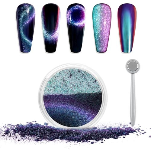 Laza Cat Eye Chrome Nail Powder Chameleon Magnetic Powder 3D Cat Eye Effect Mirror Effect Pigment Dust Magic Galaxy Holographic Effect Glitter with Magnetic Stick for Velvet Nail Art - Emerald Peacock