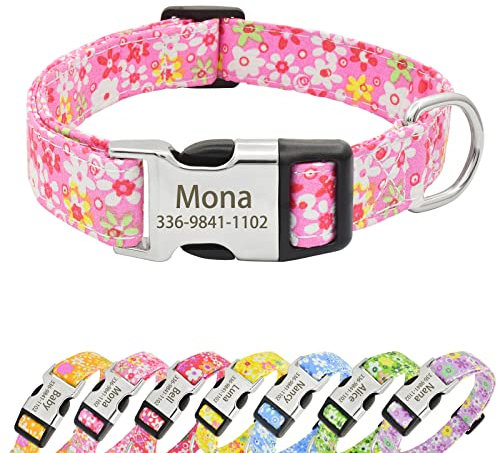 Senristar Personalised Floral Dog Collars with Name, Custom Flower Print Dog Collars with Engraved Buckle for Small Medium Large Dogs (S(Width:3/5'' Neck:9.5-14.0''),Pink)