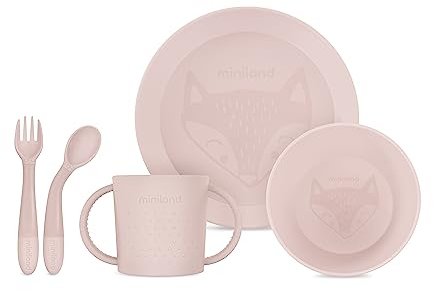 Miniland Meal Set Round Candy. Vajilla redonda que incluye plato, bol, vaso y cubiertos flexibles, fabricada en España con material de alta resistencia y diseñada para todos los niños.