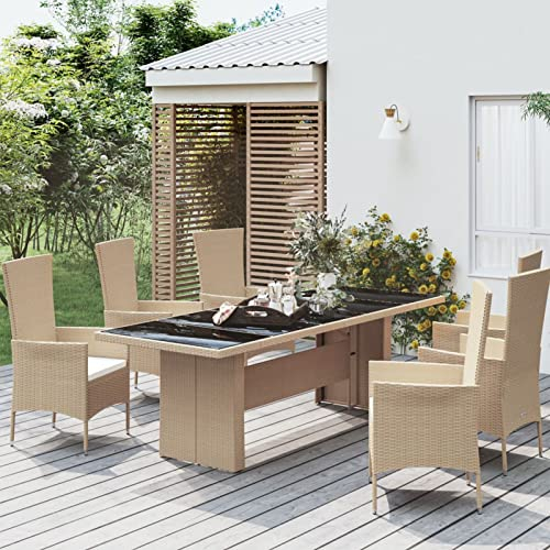 Festnight Gartentisch Rattan & Hartglas,Terassentisch Wetterfest mit Glasplatte Beige,Gartentische Für Draußen,Rattan Tisch,Balkontisch Rattan,Outdoor Esstisch,Esstisch Balkon