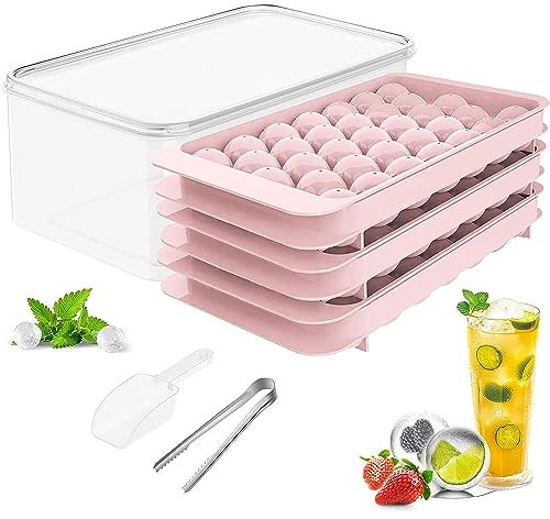 TAYLOR & BROWN Mini Ice Cube Tray Balls, 99pcs Round Ice Ball Maker Mould for Freezer, Sphere Circle Ice Chilling Cocktail Whiskey Tea Coffee 3 Trays, Ice Container, Scoop and Tong (Pink)
