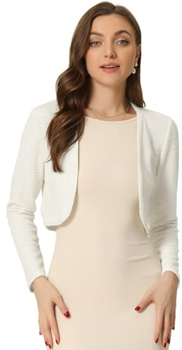Allegra K Damen Bolero Langarm Vintage Tweed Strickjacke Kariert Offen Vorderseite Oberteile Reisweiß M