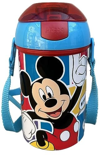 Borraccia con apertura pop-up Topolino, Disney, bottiglia in plastica riutilizzabile con tracolla, BPA Free, capacità 450 ml