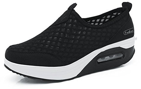 FAZEU Damen Laufschuhe Schlankheitsschuhe Plateauschuhe atmungsaktiv Luftgewicht leicht elastisch Sport Laufen Yoga Tennis zum Überziehen Sportschuh Netzstoff flach Sommer, Schwarz 1, 38 EU