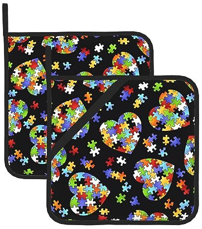 Set di 2 presine a forma di cuore per la consapevolezza dell'autismo, resistenti al calore, antiscivolo, con tasche per cucina, cucina, cottura e barbecue