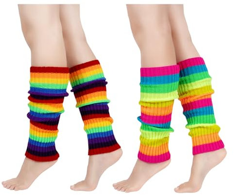 GoGou Leg Warmers for Women, 2 Pair Pack Rainbow Leg Warmers, Long Socks Women, Pride Neon Accessories for 80's Fancy Party Ballet Skating Ice Dancing