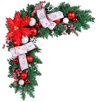 Weihnachtsgirlande, Dekoration für Türrahmen, Weihnachtsgrün aus Rattan, mit Weihnachtsstern, Tannenzapfen und roten Beeren, Dekoration für Weihnachten, für Kamin, Treppe, Weihnachtsbaum, Garten
