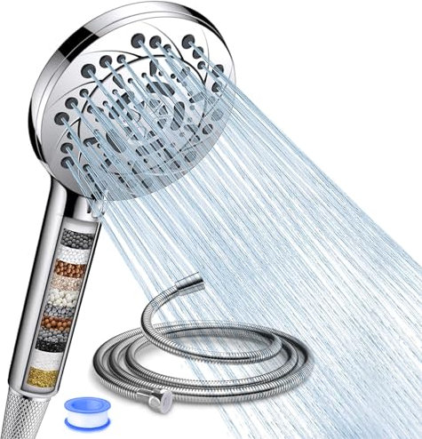 Duschkopf mit Schlauch 1.5M,Duschkopf mit Filter und 5 Strahlarten,Hochdruck Handbrause mit 15-fach Filtration,Duschkopf Wassersparend Gegen Chlorreste,Verunreinigungen,Schwermetalle (Silbrig)