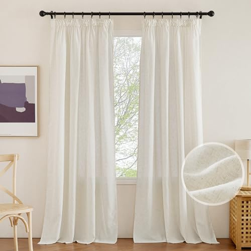 KGORGE Vorhang mit Kräuselband Leinen Boho Leinenvorhänge Wohnzimmer Halbtransparente Gardinen 2er Set 240cm x 140cm(HxB) Leinenoptik Vorhänge Halbtransparent Gardine Leinen, Naturfarbe