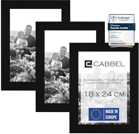 CABBEL Lot de 3 cadres photo, format A5, 18x24 cm, en bois MDF, avec verre acrylique incassable, noirs