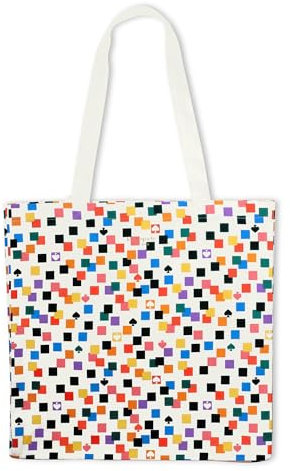 Kate Spade New York Multicolor Canvas Tote Bag for Women, Cute Tote Bag for Work or Teacher, Canvas Beach Bag, Book Tote with Pocket, Scattered Checks, Multicolor